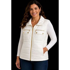 Casual Identity White Quilted Puffer Vest with Gold Hardware - Size Large